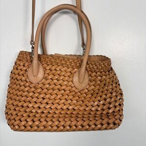 Fossil Women Satchel Medium Tan Woven Leather Crossbody Handbag 75082 Beach